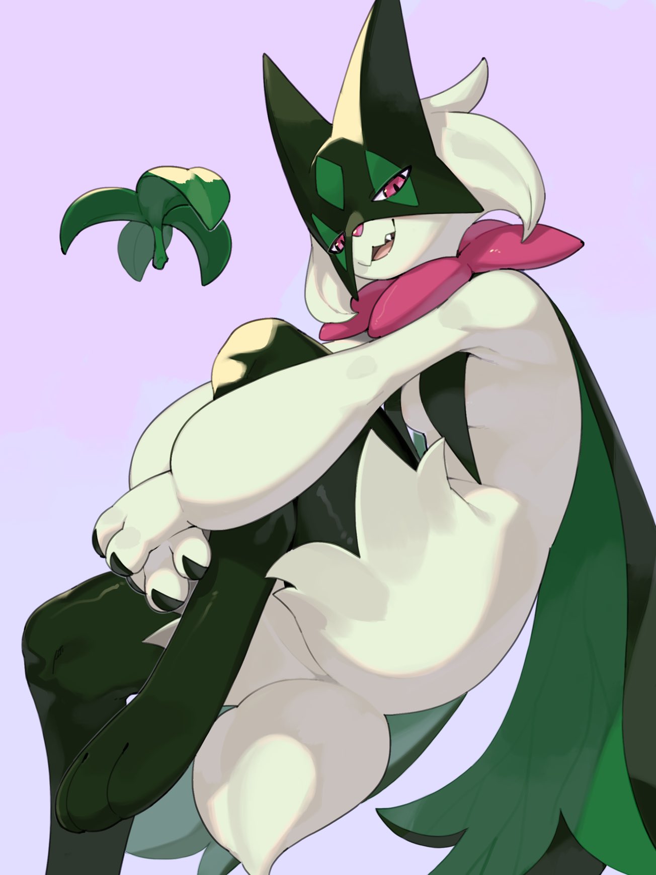 meowscarada sits down with its arms around its left leg, which is raised