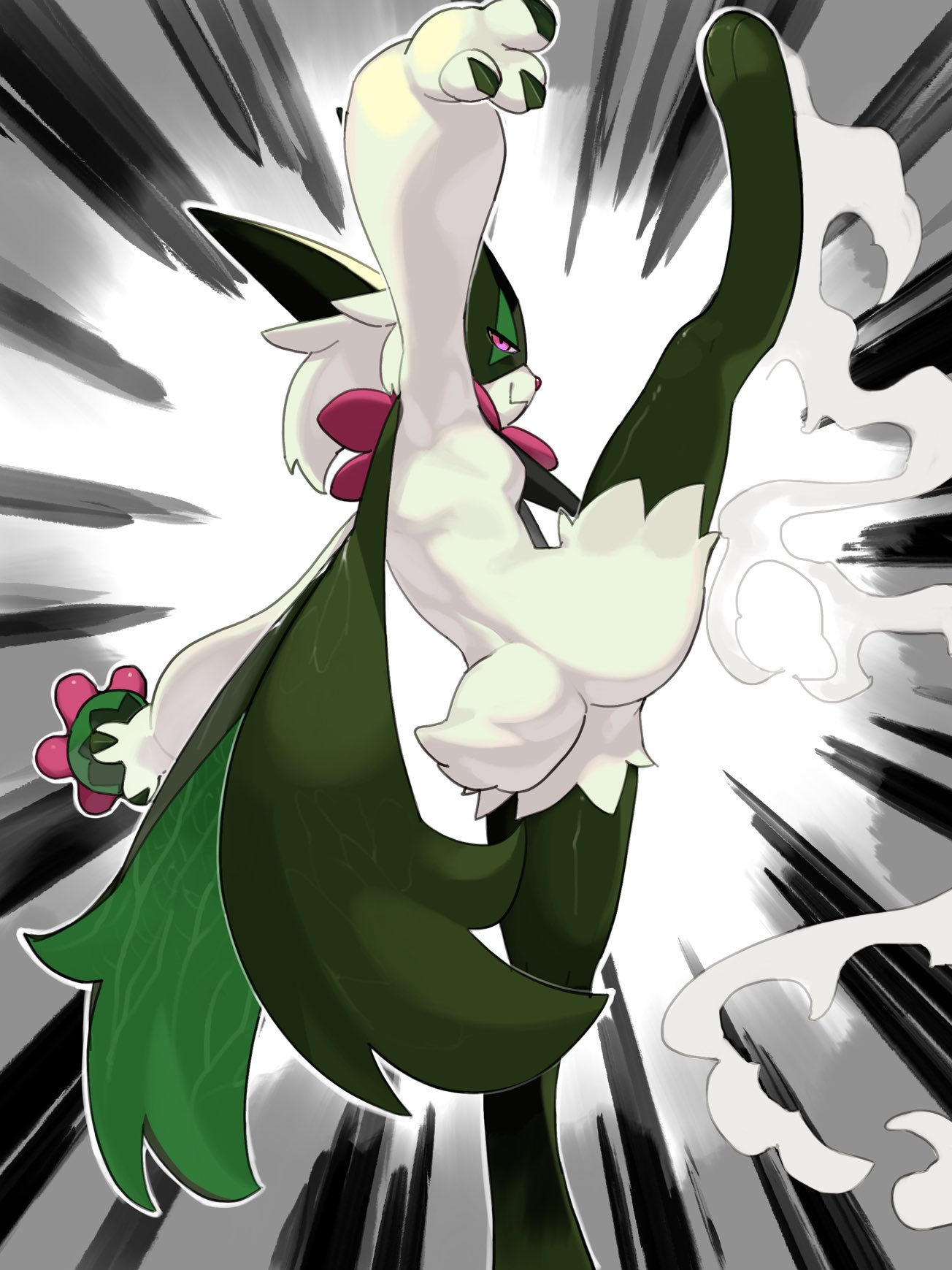 meowscarada in the act of throwing its flower bomb at you, right leg raised to the sky